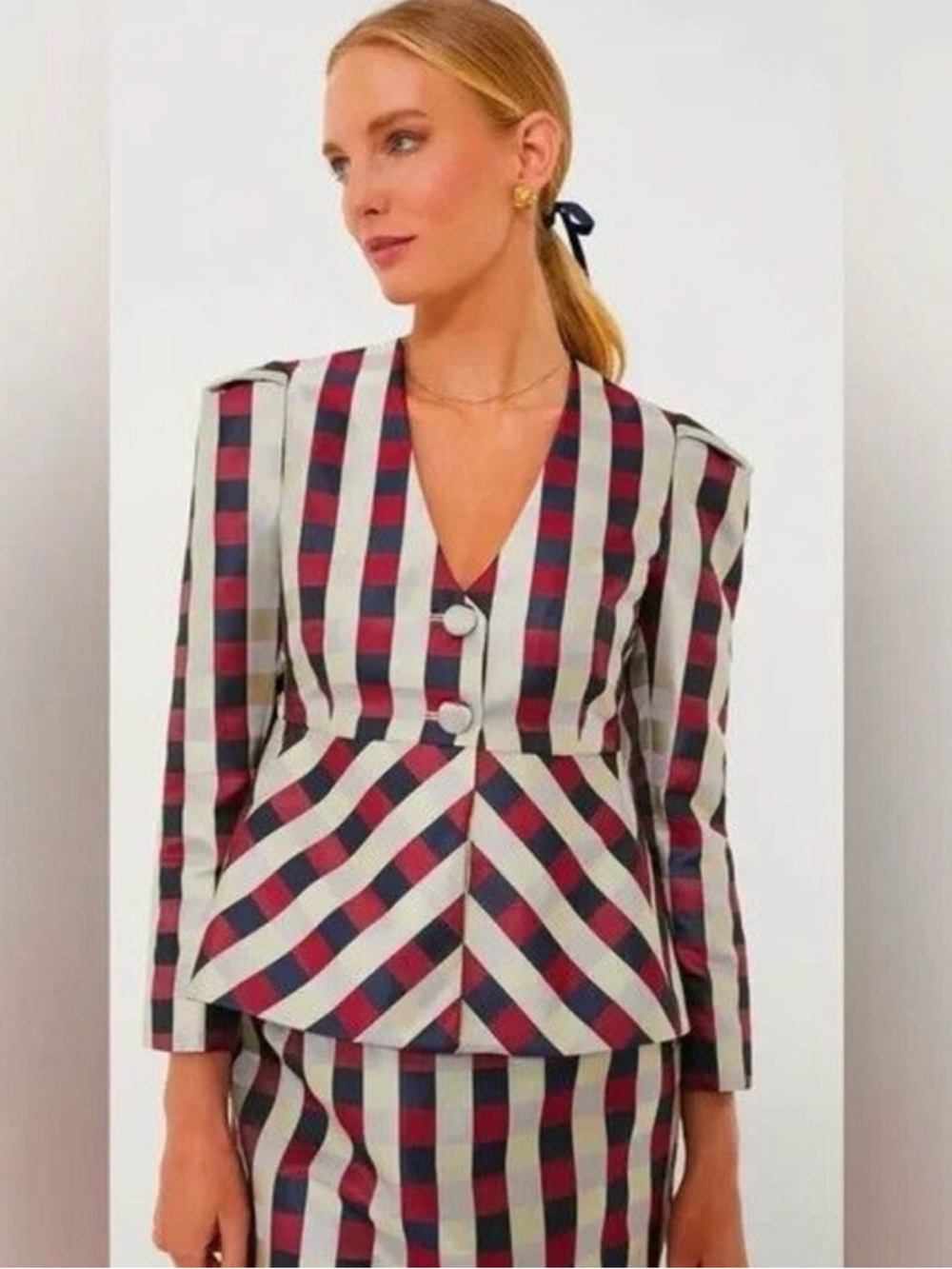 Tuckernuck Bordeaux Check Jacquard Zoey Blazer / Top & Matching Midi Skirt Set - Picture 1 of 2